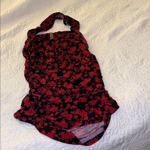 Express Black Halter Top with Red Floral Print